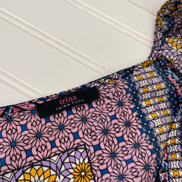 Trina Turk Sivas Dress Midi Dress Multicolor V-Neck Tiered Fit & Flare Size L - Picture 8 of 9